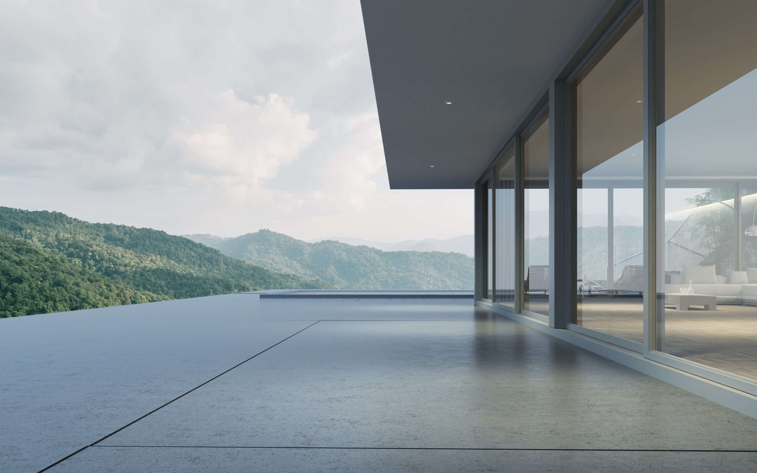 Perspective of modern building with terrace and swimming pool on
